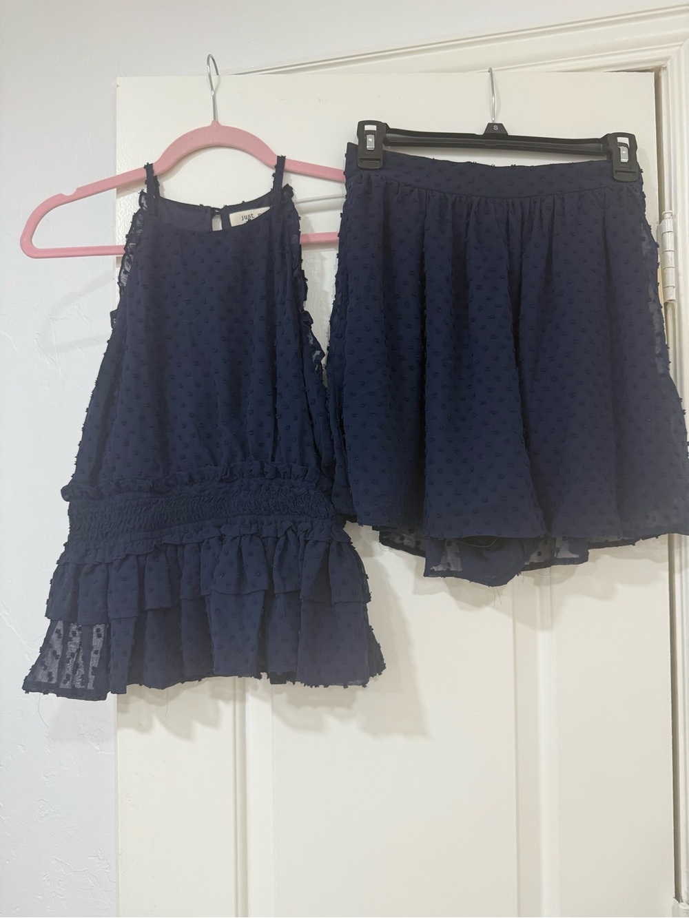 Women’s Navy Swiss Dot Two-Piece Top & Short Set - Just Me - Size Small NWT